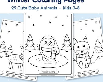 Disegni invernali da colorare per bambini dai 3 agli 8 anni, cuccioli di animali nella neve, stampabili.