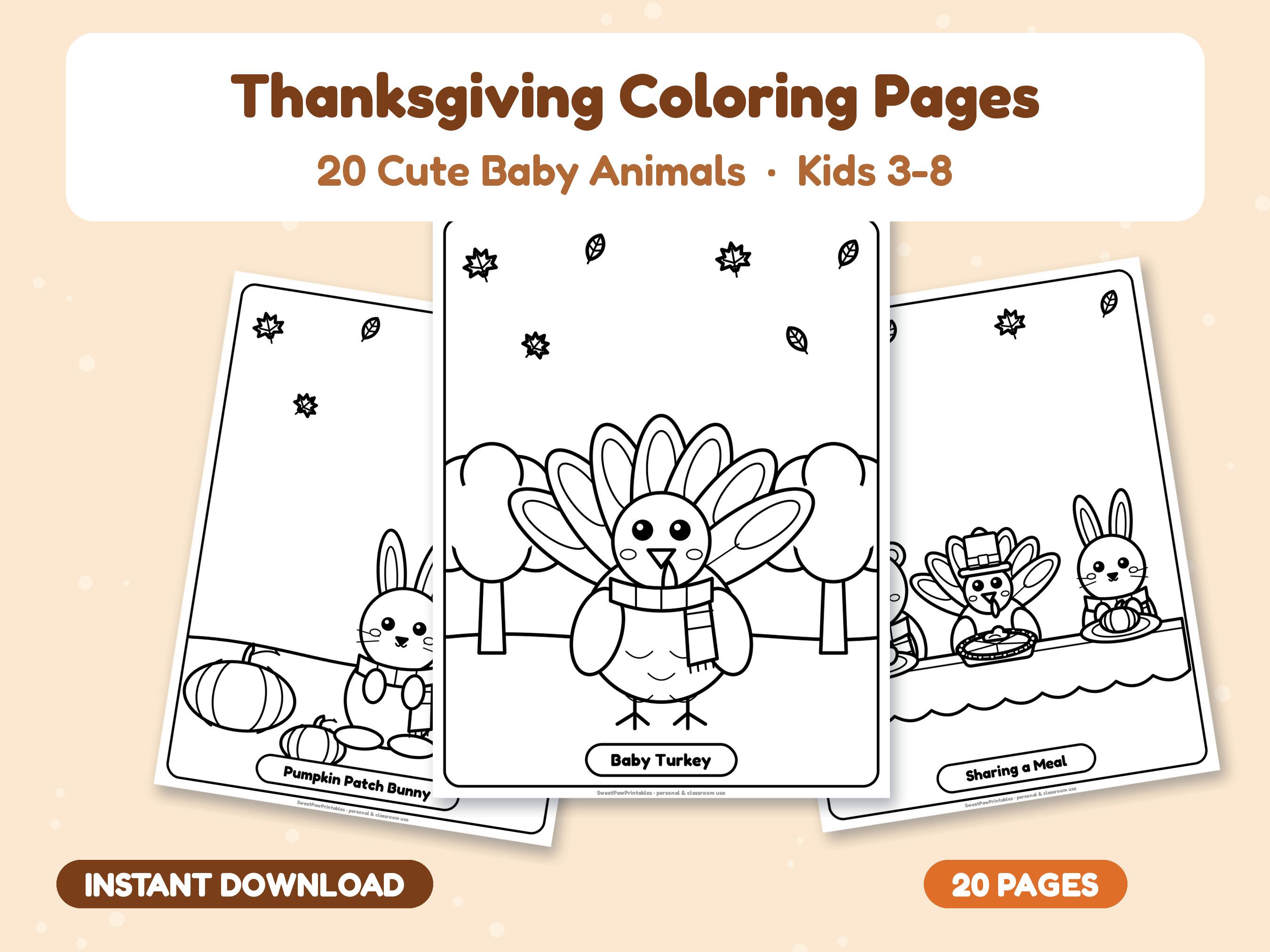 Thanksgiving Coloring Pages, Baby Animals Fall Activity for Kids 3-8 (Digital Download)