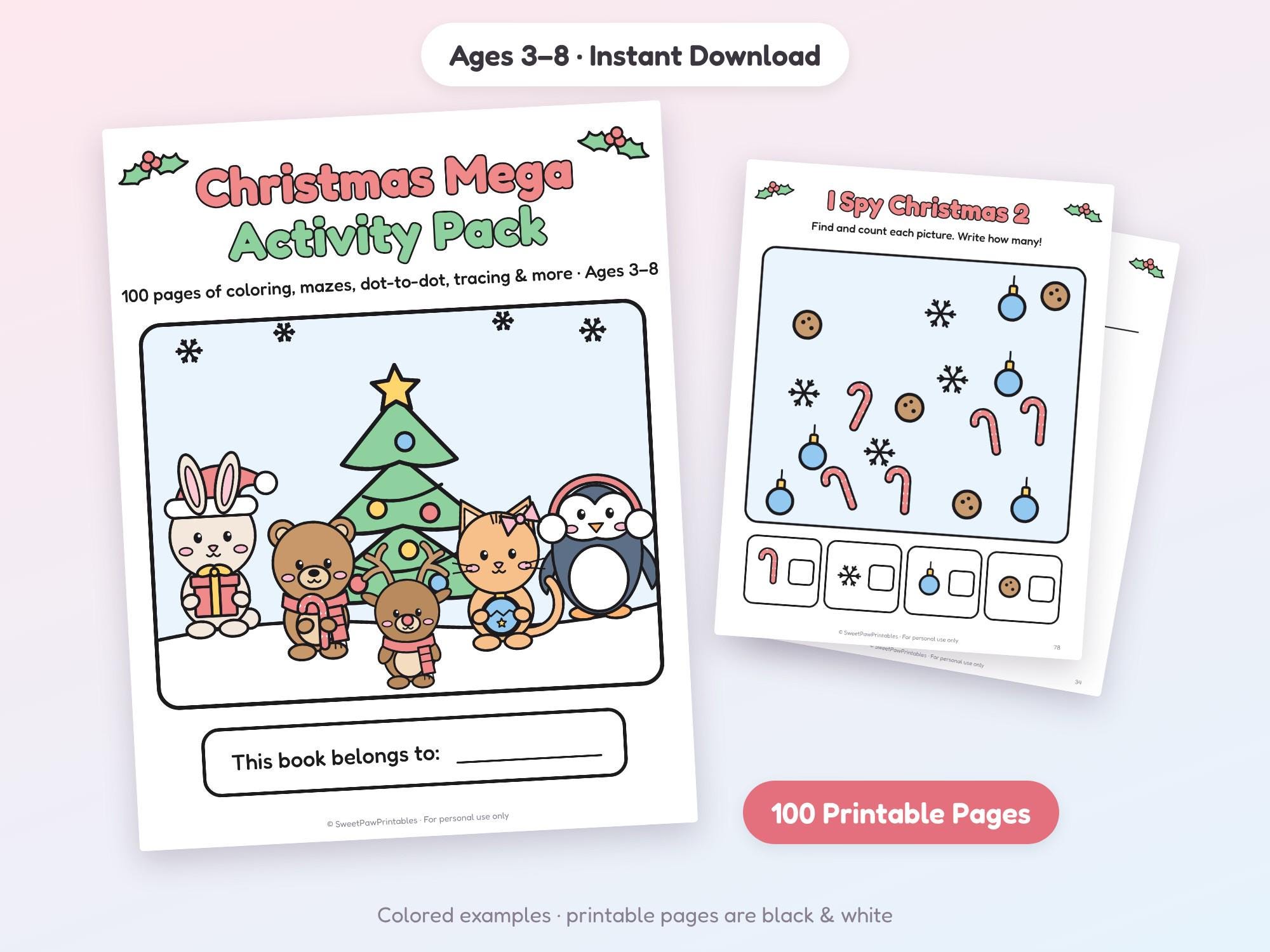 Christmas Activity Book for Kids 3-8, 100 Printable Pages, Coloring, Mazes, Dot to Dot