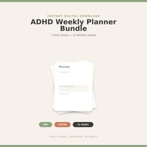 May include: A digital ADHD Weekly Planner Bundle featuring 7 daily sheets and 12 monthly sheets. The document includes sections for time blocks, top 3 priorities, and a brain dump. The file is in PDF format, letter size, totaling 21 pages.