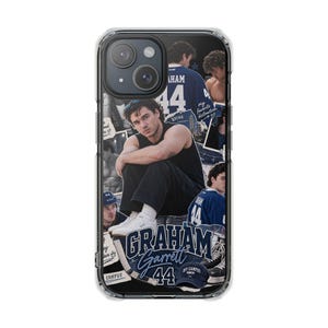 May include: A clear phone case featuring a collage of images of a person, including text that reads GRAHAM GARRETT 44, OFF CAMPUS, and BRIAR. The design includes multiple photos of the same individual in various poses and sports jerseys.