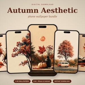 Könnte beinhalten: Ein digitales Download-Paket mit fünf Handy-Hintergrundbildern zum Thema Herbst. Die Bildschirme zeigen herbstliches Laub, einen Kürbis, einen Oldtimer-Van und Bücher in warmen Orange- und Brauntönen. Text: Autumn Aesthetic.