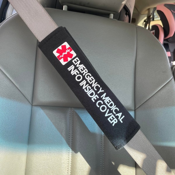 medical alert seatbelt cover, diabetic alert, deaf alert, emergency medical information, autistic medical alert, seat belt cover, belt wrap