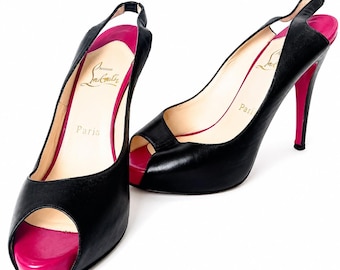 Christian Louboutin Very Privé Black Leather Peep Toe Slingback Heels EU 39.5 Y2K