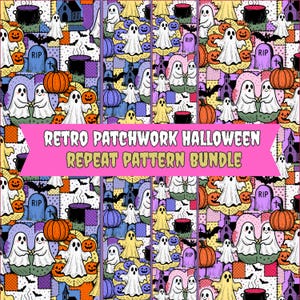 Retro Halloween Seamless Pattern, Ghost Patchwork PNG, Colourful Spooky Fabric Design, Halloween Digital Paper, Sublimation repeat Pattern