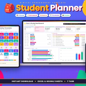Puede incluir: Una plantilla de planificador de estudiante digital para Excel y Google Sheets con un panel colorido, horario semanal y rastreador de exámenes. La interfaz muestra métricas de estudio, horarios de clases y gráficos de calificaciones.