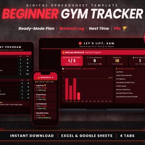 Peut inclure: Un modèle de feuille de calcul numérique intitulé Beginner Gym Tracker pour Excel et Google Sheets. L'interface présente un thème sombre avec des accents rouges, affichant des journaux d'entraînement, des listes d'exercices et des graphiques sur écran.
