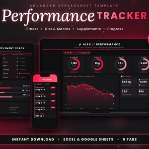 Può includere: Un modello di foglio di calcolo avanzato per il monitoraggio delle prestazioni per Excel e Google Sheets. L'interfaccia presenta un tema scuro con accenti rossi, visualizzando dati su fitness, dieta, macro, integratori e progressi su schermo.