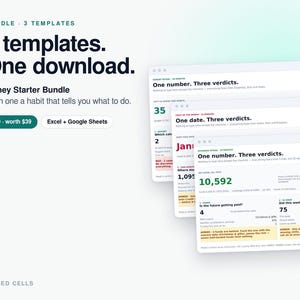 Op de afbeelding: Een digitaal pakket met drie financiële sjablonen voor Excel en Google Sheets. De tekst luidt: 3 templates. One download. Money Starter Bundle. Each one a habit that tells you what to do. De interface toont gegevens voor budgetbeheer.