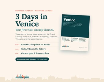 Venice Itinerary 3 Days: Printable Venice Travel Guide for First-Time Visitors, St Mark's, Rialto, Murano & Burano with Map