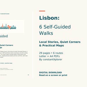 以下が含まれることがあります： constantXplorerによるデジタルガイド「Lisbon: 6 Self-Guided Walks」。29ページ、6つのルート、地元の物語、静かな場所、実用的な地図が含まれています。画面閲覧または印刷用のLetterおよびA4サイズのPDF形式で提供されています。
