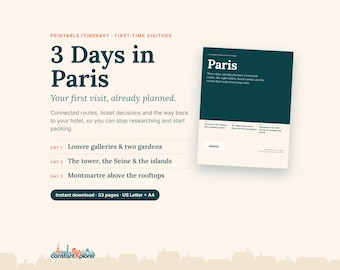 Paris-Reiseplan für 3 Tage: Ausdruckbarer Reiseführer für Erstbesucher, Routen zum Louvre, Eiffelturm und Montmartre mit Karte