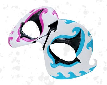 Harlequin leather costume mask - pink and blue - ready to ship - carnival/circus/masquerade mask