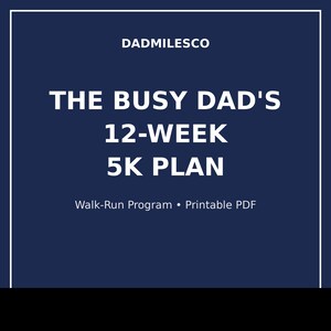 May include: A dark blue digital document cover with white text that reads DADMILESCO, THE BUSY DAD'S 12-WEEK 5K PLAN, and Walk-Run Program • Printable PDF. The design features a thin white border framing the centered text on a solid navy background.