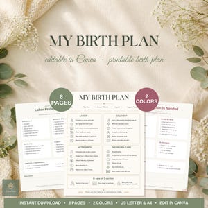 Puede incluir: Un conjunto de plantillas digitales de plan de parto con el texto MY BIRTH PLAN, editable en Canva. El documento incluye 8 páginas en 2 colores, con secciones para preferencias de parto, alumbramiento, cuidado del recién nacido y recuperación.