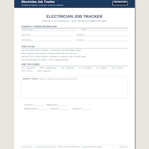 Pode incluir: Um formulário de rastreamento de trabalho para eletricistas em branco com cabeçalhos azul-escuro. O documento inclui seções para informações da empresa, códigos de tipo de trabalho, totais mensais e campos para horas, materiais e faturas.