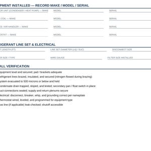 Könnte beinhalten: Ein weißes HVAC-Installationsprüfprotokoll mit dunkelblauem Text. Die Abschnitte umfassen installierte Geräte, Kältemittelleitungen und Elektrik sowie eine Installationsprüfung mit einer Checkliste für Systemkomponenten wie Kondensator und Ofen.