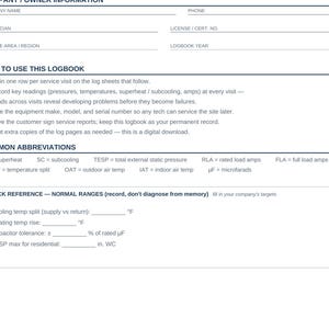 May include: A white document page titled Company/Owner Information with fields for contact details. It includes a How to Use This Logbook section, a list of common HVAC abbreviations, and a Quick Reference table for normal operating ranges.