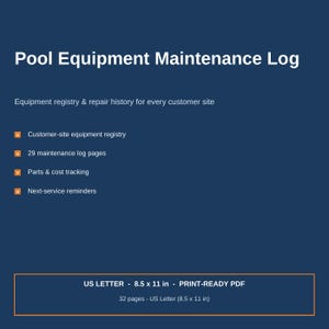 Op de afbeelding: Een donkerblauw Pool Equipment Maintenance Log document met een apparatuurregister en reparatiegeschiedenis. Het bevat 29 onderhoudspagina's, onderdelen- en kostenregistratie en onderhoudsherinneringen. Het formaat is een US Letter 21,59 x 27,94 cm PDF.