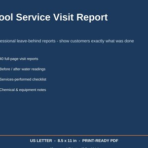Könnte beinhalten: Ein dunkelblaues digitales Dokument mit dem Titel Pool Service Visit Report. Es listet 40 ganzseitige Besuchsberichte, Wasserwerte vor und nach der Behandlung, eine Checkliste der durchgeführten Dienste sowie Notizen zu Chemikalien und Ausrüstung auf. Format 21,59 x 27,94 cm.