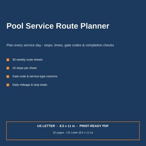 Pool Service Route Planner | Pool Tech Weekly Route Sheet | Service Business Schedule Organizer Printable PDF