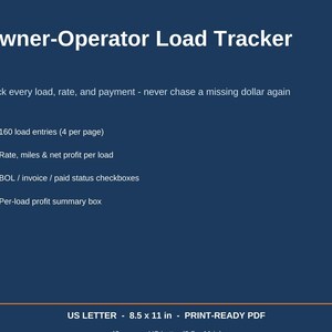 Puede incluir: Un documento digital azul oscuro titulado Owner-Operator Load Tracker. Enumera características que incluyen 160 entradas de carga, tarifa, millas, beneficio neto, BOL, factura y casillas de estado de pago. Formato PDF US Letter 21,59 x 27,94 cm.