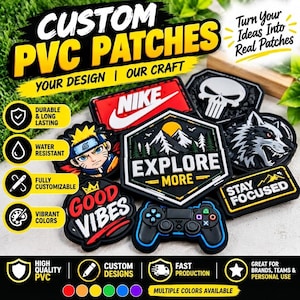 Pode incluir: Uma coleção de emblemas de PVC personalizados com vários designs, incluindo um logótipo da Nike, um crânio de Punisher, uma cabeça de lobo, um comando de videojogos e textos como Explore More, Good Vibes e Stay Focused.