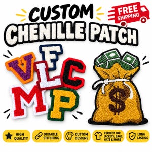May include: A collection of chenille patches featuring various letters in colors including orange, purple, white, red, black, green, and yellow, alongside a yellow money bag patch with green currency stacks and a black dollar sign.