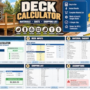 May include: A digital deck calculator tool for Excel and Google Sheets featuring a bear logo, project planning tabs for material takeoffs, cost estimates, and shopping lists, with icons for lumber, posts, footings, railings, stairs, and hardware.