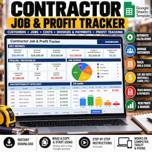 May include: A digital Contractor Job & Profit Tracker template for Google Sheets displayed on a laptop screen. The dashboard features key metrics, job status pie charts, A/R aging bar graphs, and a job profitability table with financial data.