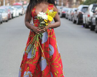RED  -  African Ankara Wax Print Cut Out Dress