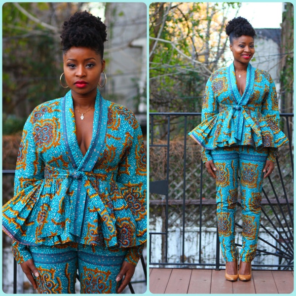 Sky - African Ankara Wax Print Wrap Jacket and Pants Set