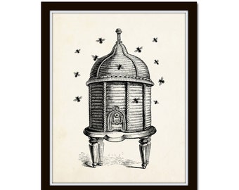 Vintage Bee Hive Illustration, Art Print, Wall Decor, Illustration, Collage Bee Print, Bee Hive, Giclee, Wall Art, Insect Art, Etching
