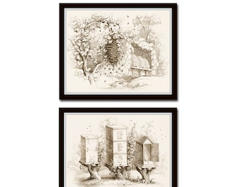 Vintage Bee Hives Print Set No. 5, Sepia Illustration, Bee Bees Bee Hive, Collage, Beekeeping Print, Giclee, Art, Print Set, Bee Prints