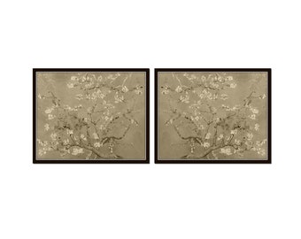 Vintage Almond Blossoms Sepia Diptych, Art Print, Giclee, Print, Wall Art, Botanical Art, Vintage Botanical Print