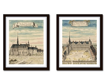 May include: Two framed antique prints depicting the exterior of a historic building. The prints are in black frames with white mats. The prints are in a watercolor style and feature a light blue sky with white clouds. The first print shows a building with a tall tower and a courtyard. The second print shows a building with a courtyard and a garden.