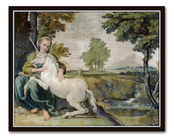 Virgin with a Unicorn Print, Baroque Fresco Art, Unicorn Print, Mythological Art