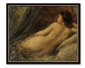 Reclining Nude, Vintage French Painting, Vintage Portrait, Wall Art, Painting of Nudes, Moody Art