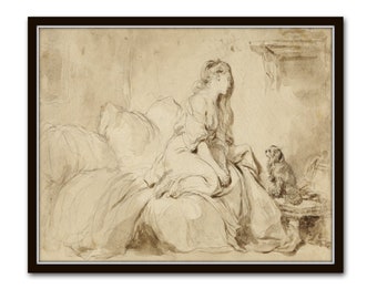 A Woman and Her Faithful Dog, French Sepia Etching, European Vintage Print, French Wall Art, Vintage Sketch Print, Dog Art