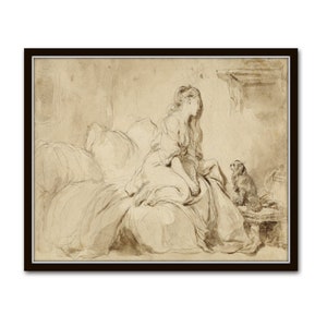 A Woman and Her Faithful Dog, French Sepia Etching, European Vintage Print, French Wall Art, Vintage Sketch Print, Dog Art