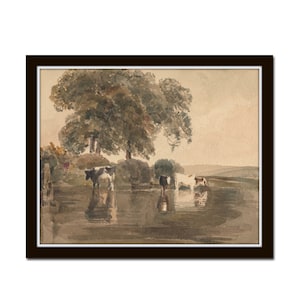 Cows in a Pond Print, Western Art Decor, Farmhouse Art, Giclee, Print, Cow Print, Cow Prints, Farmhouse Decor, Antique Cow Paintings