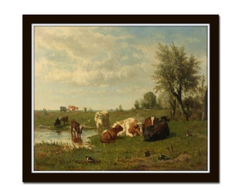 Cows in a Meadow Print, Reproduction Oil Painting, Giclee, Print, Wall Art, Cow Print, Cow Prints, Farmhouse Decor, Antique Cow Paintings