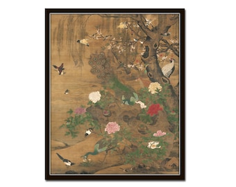 May include: A traditional Chinese painting depicting a lush garden scene with a peacock, peacocks, pheasants, and various birds perched on branches and rocks. The painting features vibrant colors, including green, blue, red, and white, and depicts a variety of flowers and foliage.