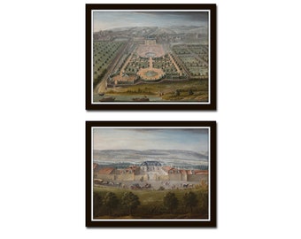 May include: Two vintage paintings depicting a large estate with a central building and surrounding gardens. The top painting shows an aerial view of the estate, while the bottom painting shows a more ground-level view of the building and its surroundings.