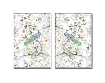 French Chinoiserie Watercolor Print Set No. 1,  Bird and Botanical Print Set, Botanical Prints, Bird Prints, Chinoiserie Art, Granmillennial