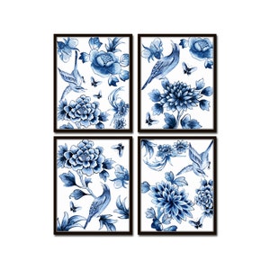 Blue Chinoiserie Porcelain Print Set No. 5,  Bird and Botanical Print Set, Botanical Prints, Bird Prints, Chinoiserie Art, Coastal Art Decor