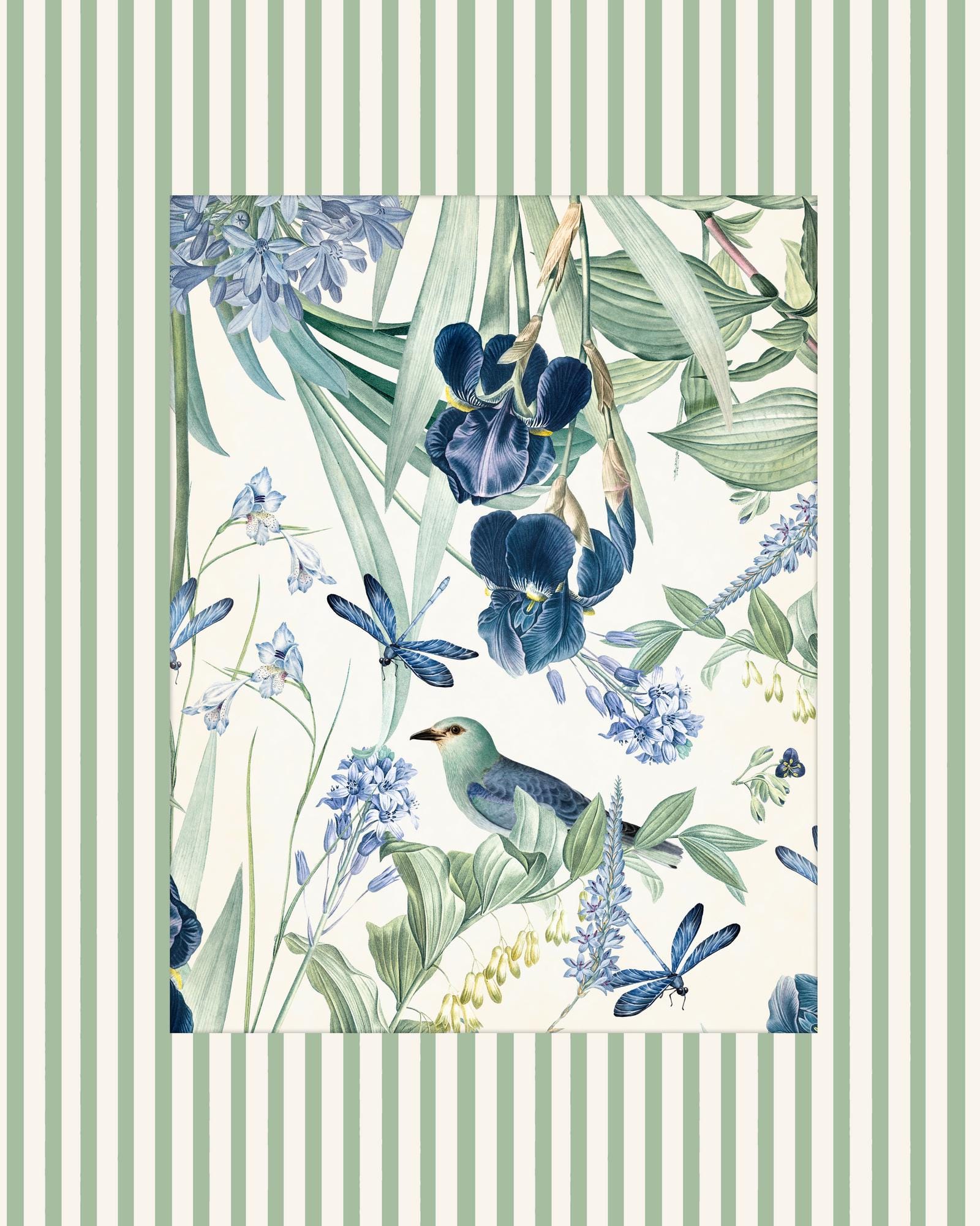 Vintage Bird and Botanical With Green Striped Border, Set of 2 Giclee ...