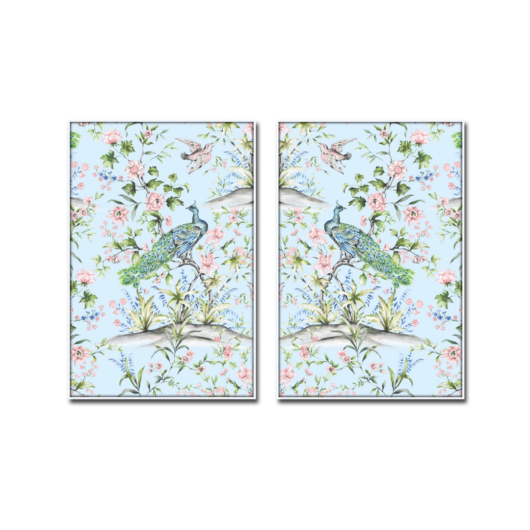French Blue Chinoiserie Watercolor Print Set No. 2, Bird and Botanical ...