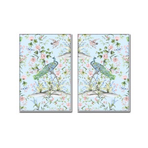 French Blue Chinoiserie Watercolor Print Set No. 2,  Bird and Botanical Print Set, Preppy Art, Botanical Prints, Bird Prints, Chinoiserie