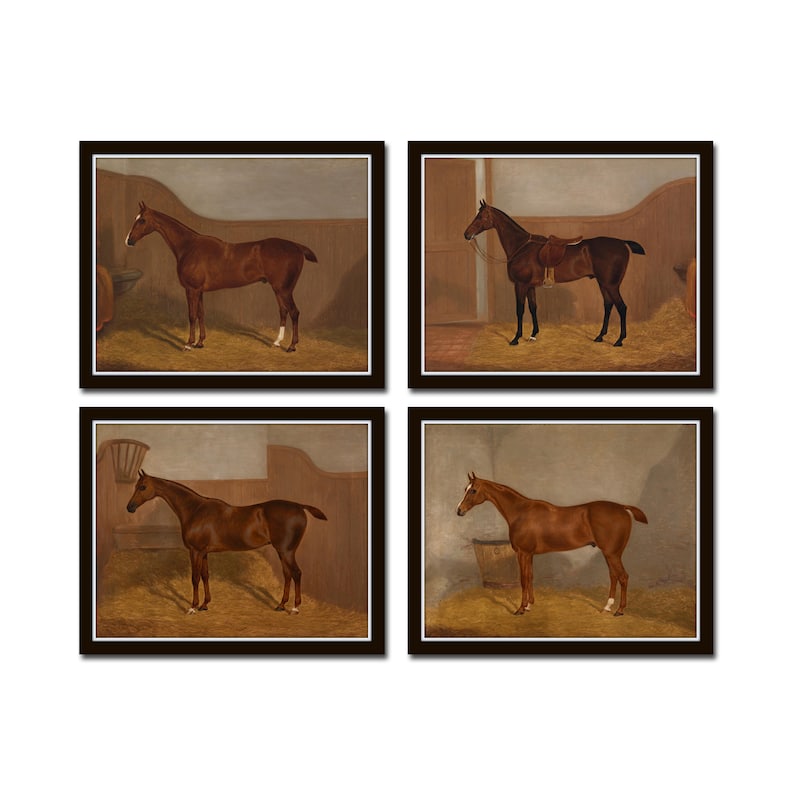 May include: Four paintings of brown horses in a stable setting. Each painting features a horse standing in a stall with straw on the floor. The horses are all facing the same direction, with their heads turned slightly to the side. The paintings are all framed in brown wood.